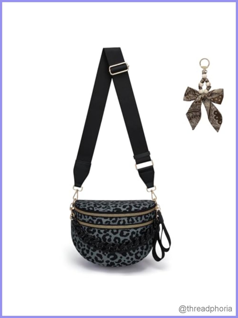 Leopard Print Nylon Crossbody Bag for Women, Double Zip Sling Purse with Chain